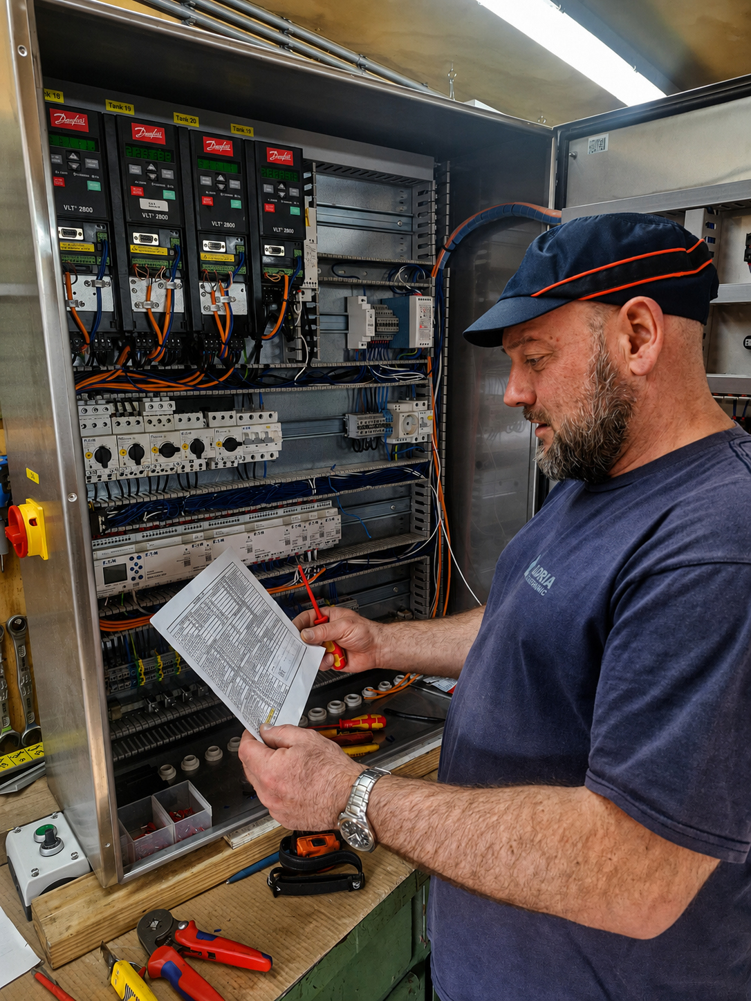 Savo Ivković pregledava tehničku dokumentaciju uz industrijski elektroormar